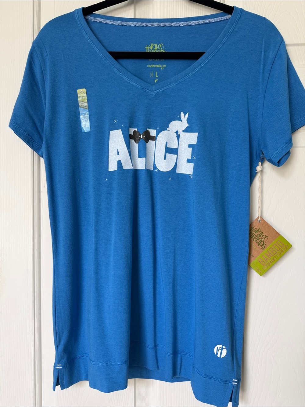 Raw Threads Bamboo, Athletic Blue "Alice" Graphic V-Neck Tee